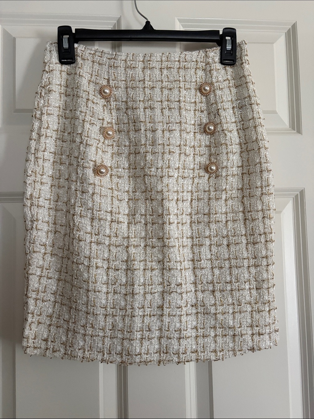 SHEIN Cream Tweed Pearl-Button Pencil Skirt